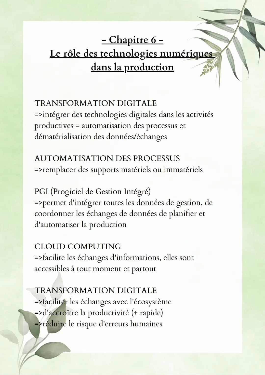 Chapitre 6 -
Le rôle des technologies numériques
dans la production
TRANSFORMATION DIGITALE
=>intégrer des technologies digitales dans les a