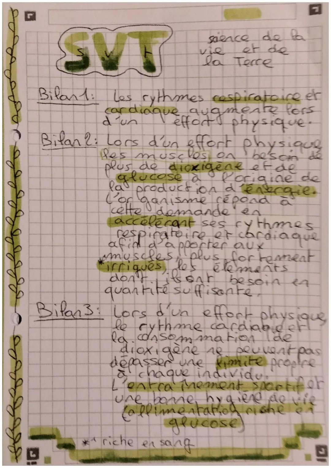 SVT
sience de la
vie et de
la Terce

Bilan 1: Les rythmes caspiratoire et
Les
cardiaque augmente fors
d'un effort physique.

Bilan 2: Lors d