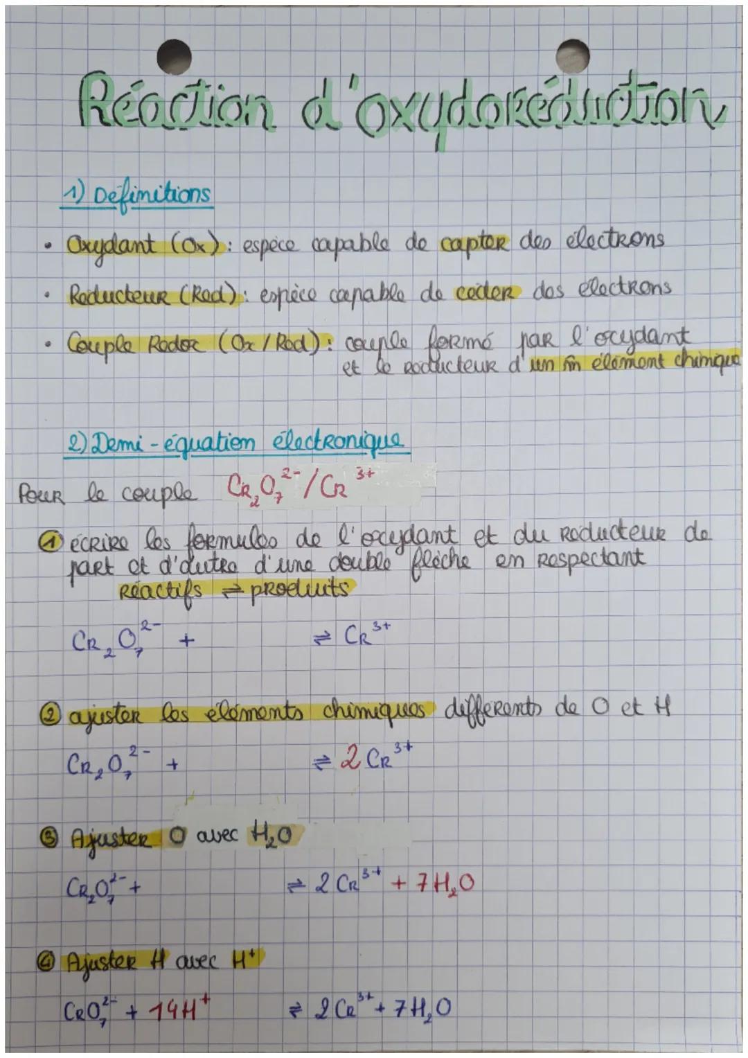 Reaction d'oxydoreduction
1) Definitions
Oxydant (Ox): espèce capable de capter des électrons.
4
• Reducteur (Red): espèce capable de cocer 