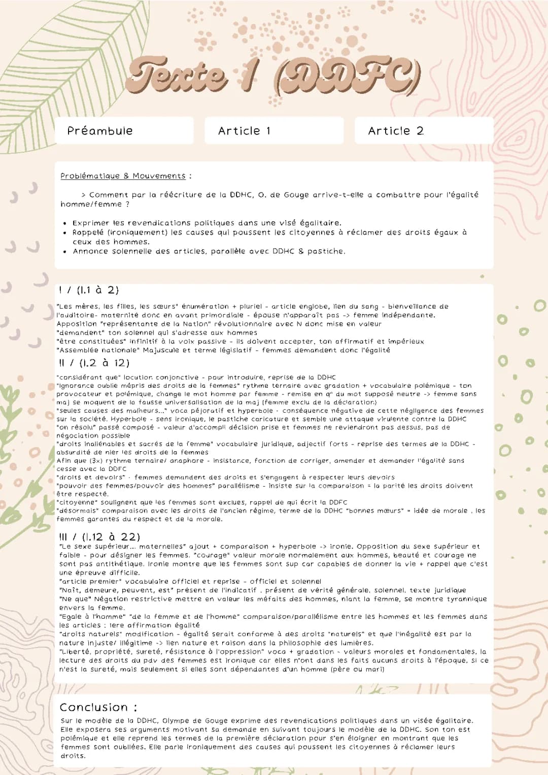 Analyse linéaire DDFC : Préambule, Article 1 et 2 Olympe de Gouges