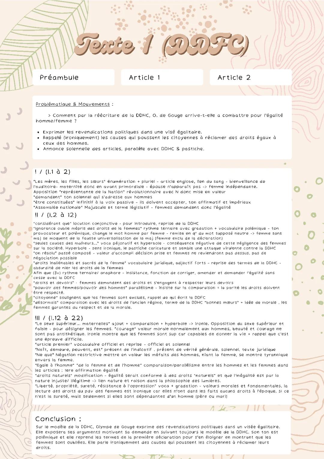 Analyse linéaire DDFC : Préambule, Article 1 et 2 Olympe de Gouges