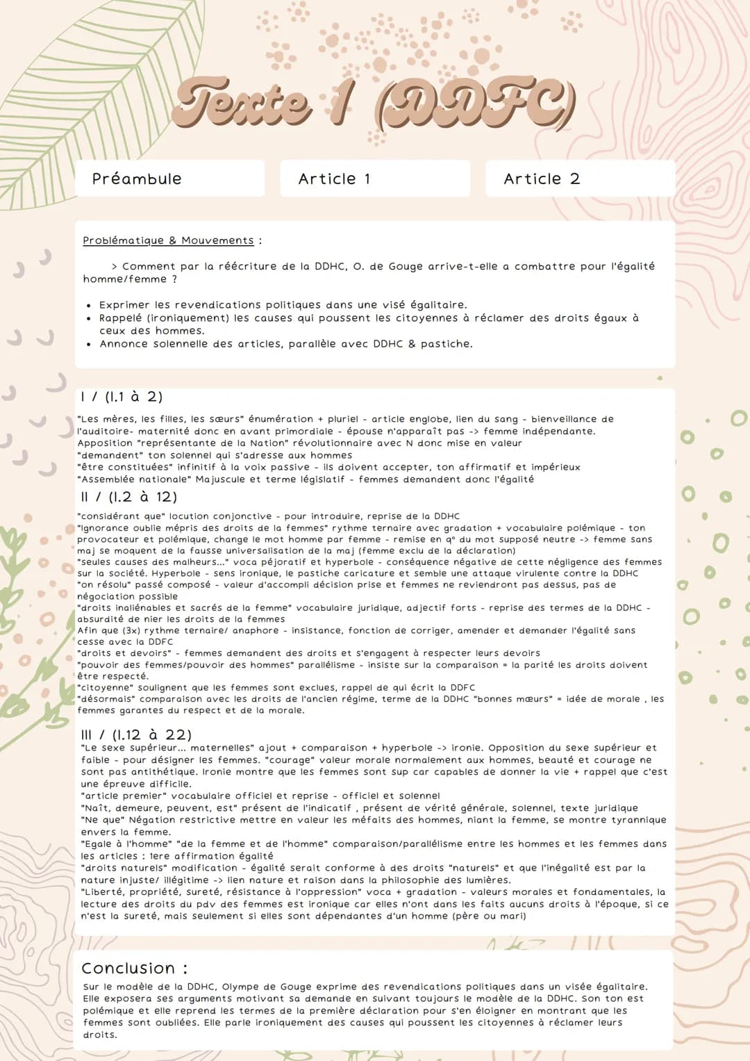 Texte 1 (DDFC)
Préambule
Article 1
Article 2
Problématique & Mouvements :
> Comment par la réécriture de la DDHC, O. de Gouge arrive-t-elle 