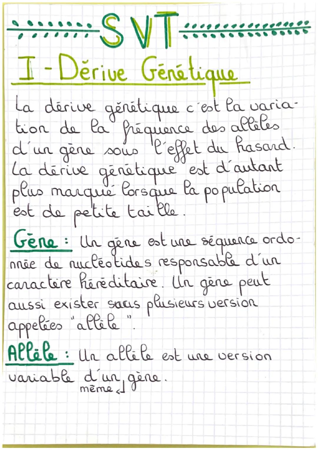 .......
SVT
I-Dérive Génétique
La dérive génétique c'est la varia-
tion de la fréquence des alleles
d'un gène sous l'effet du hasard.
La dér