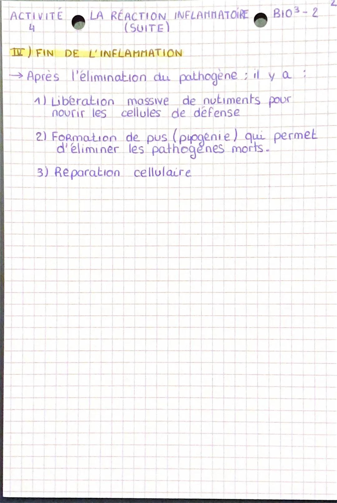 ACTIVITE
4 LA RÉACTION INFLAMMATOIRE B103-2

→L'objectif de celte Reaction est d'empécher la
propagation des agents étrangers, et de fes éli