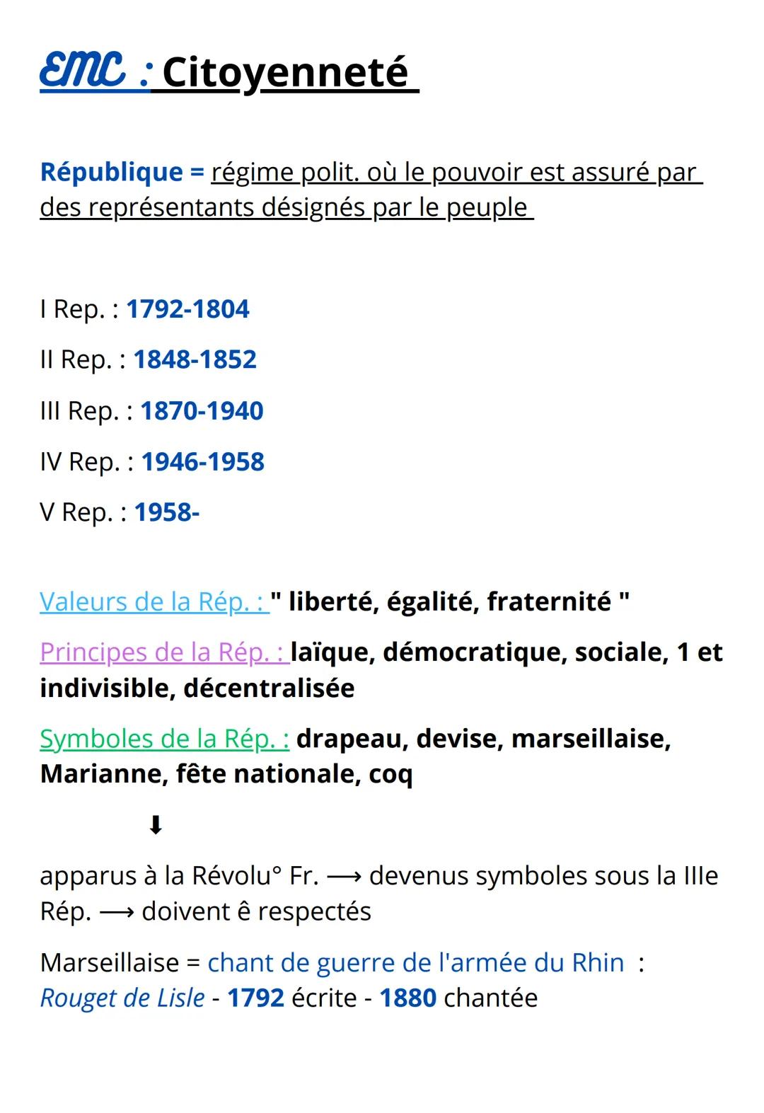 EMC: Citoyenneté
République = régime polit. où le pouvoir est assuré par
des représentants désignés par le peuple
| Rep.: 1792-1804
Il Rep.: