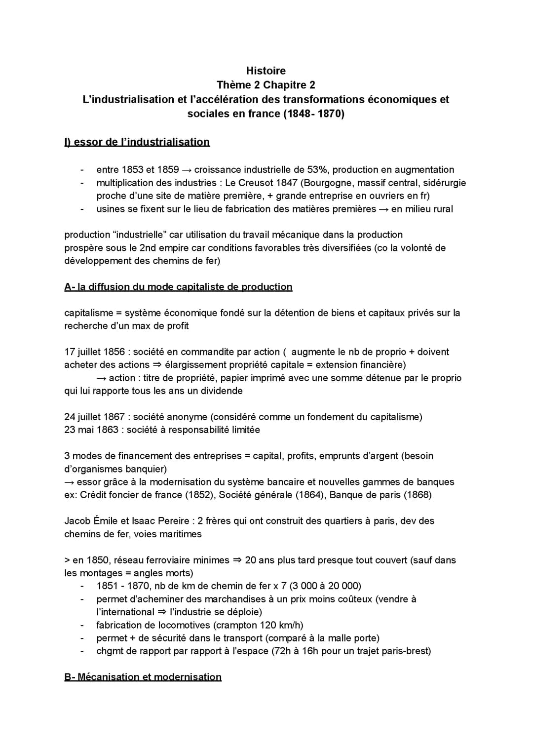 L’industrialisation et l’accélération des transformations économiques et sociales en france (1848- 1870)