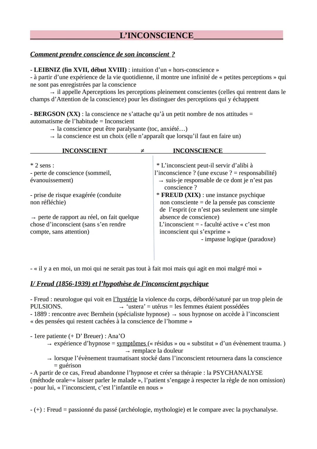 Comment prendre conscience de son inconscient ?
- LEIBNIZ (fin XVII, début XVIII): intuition d'un « hors-conscience >>
- à partir d'une expé