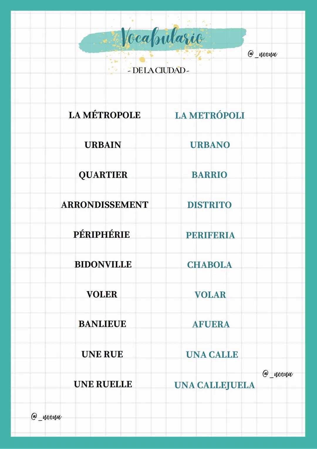 @_noona
Vocabulario
- DE LA CIUDAD-
@_noona
LA MÉTROPOLE
LA METRÓPOLI
URBAIN
URBANO
QUARTIER
BARRIO
ARRONDISSEMENT
DISTRITO
PÉRIPHÉRIE
PERIF