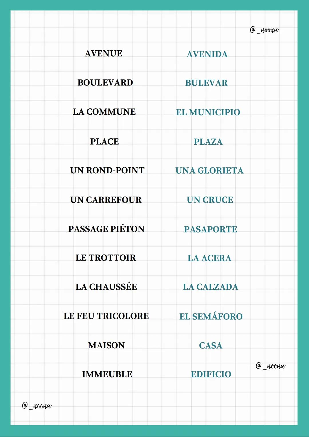 @_noona
Vocabulario
- DE LA CIUDAD-
@_noona
LA MÉTROPOLE
LA METRÓPOLI
URBAIN
URBANO
QUARTIER
BARRIO
ARRONDISSEMENT
DISTRITO
PÉRIPHÉRIE
PERIF
