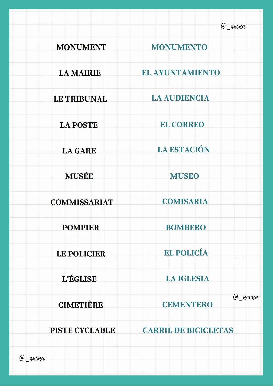 @_noona
Vocabulario
- DE LA CIUDAD-
@_noona
LA MÉTROPOLE
LA METRÓPOLI
URBAIN
URBANO
QUARTIER
BARRIO
ARRONDISSEMENT
DISTRITO
PÉRIPHÉRIE
PERIF