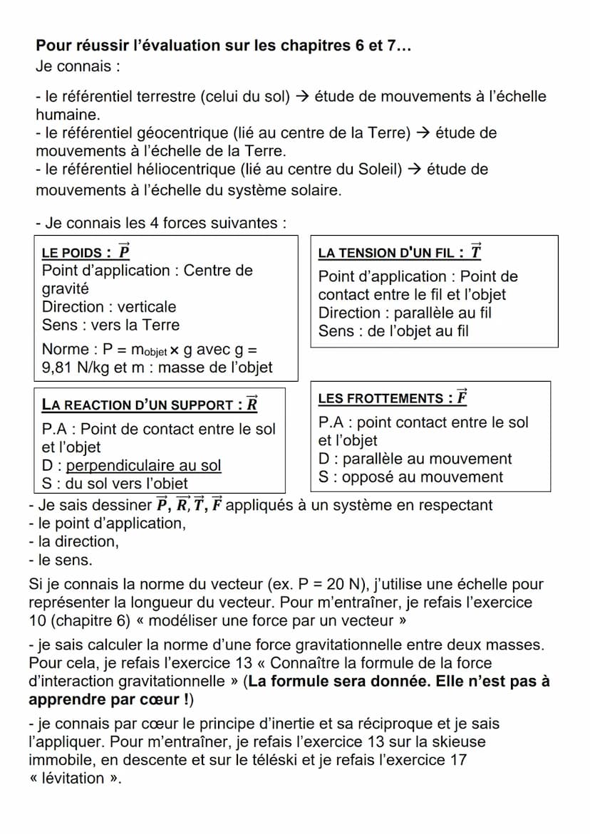 Pour réussir l'évaluation sur les chapitres 6 et 7...
Je connais :
- le référentiel terrestre (celui du sol) → étude de mouvements à l'échel