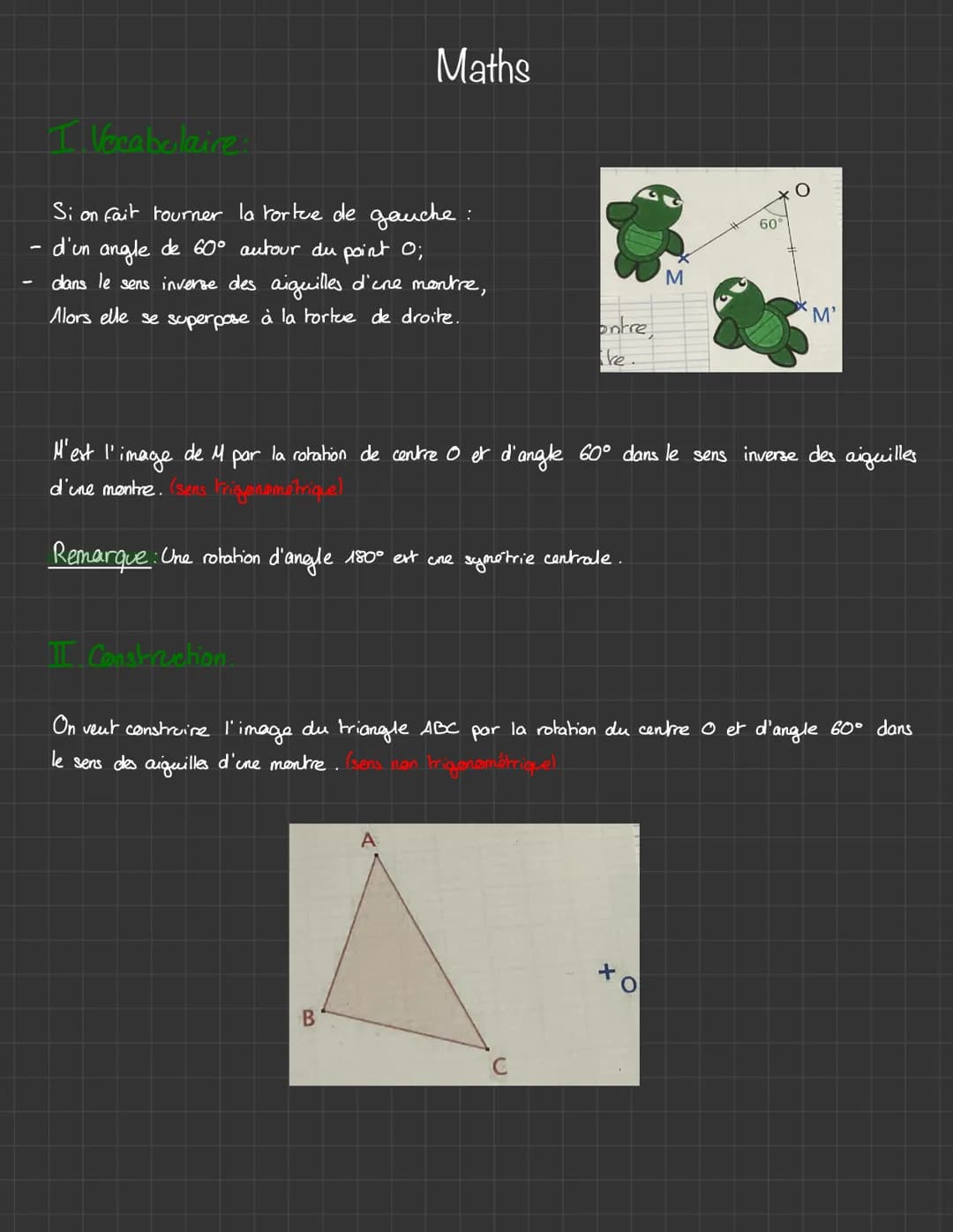 I Vocabulaire:
Si on fait tourner la tortue de gauche:
d'un angle de 60° autour du point 0;
dans le sens inverse des aiguilles d'une montre,