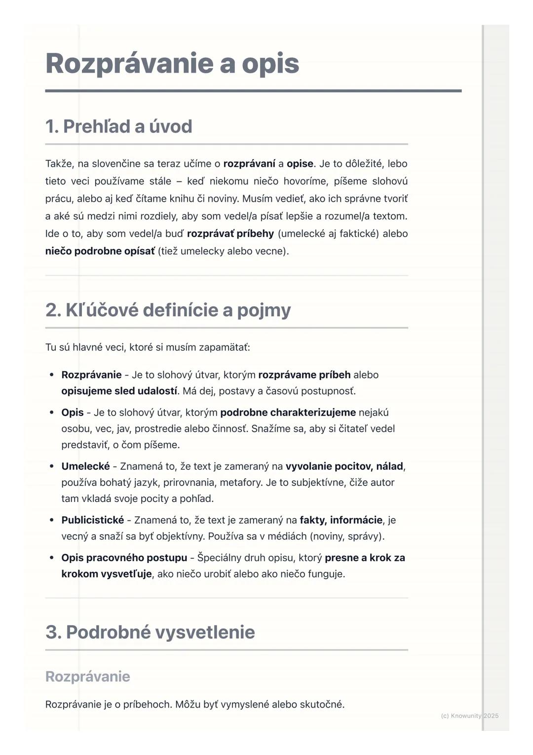 # Rozprávanie a opis

## 1. Prehľad a úvod

Takže, na slovenčine sa teraz učíme o rozprávaní a opise. Je to dôležité, lebo
tieto veci použív
