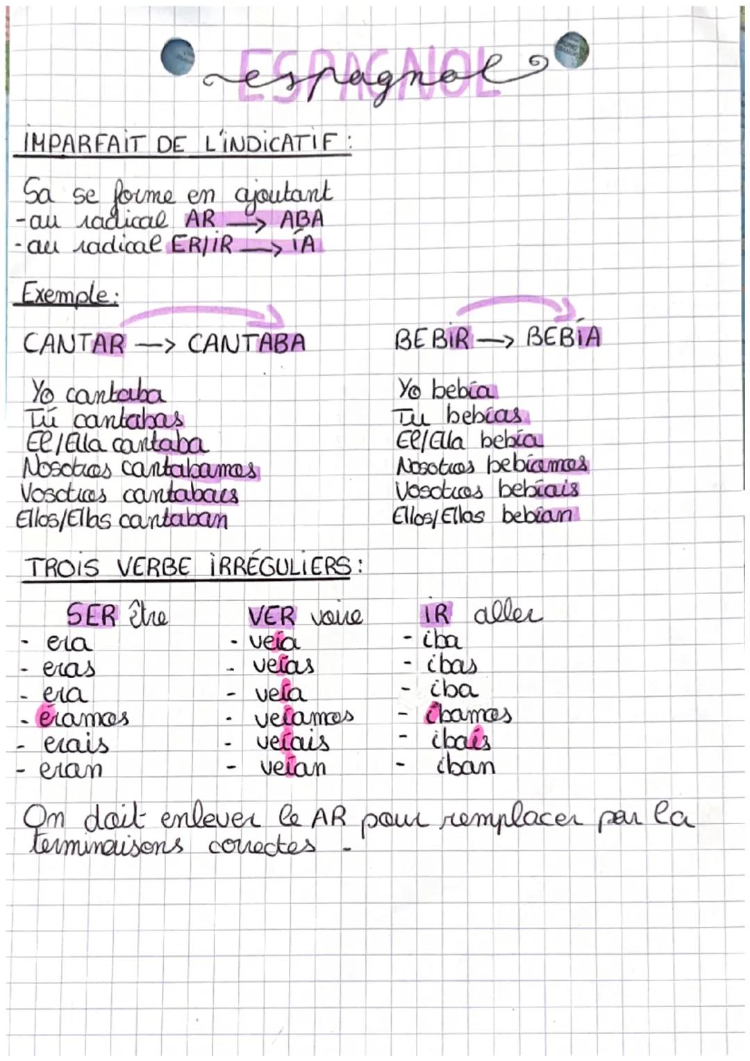 # espagnol

IMPARFAIT DE L'INDICATIF:
Sa se forme en ajoutant
-au radical AR ABA
-au radical ERJIR ÍA

Exemple:

CANTAR -> CANTABA
Yo cantab