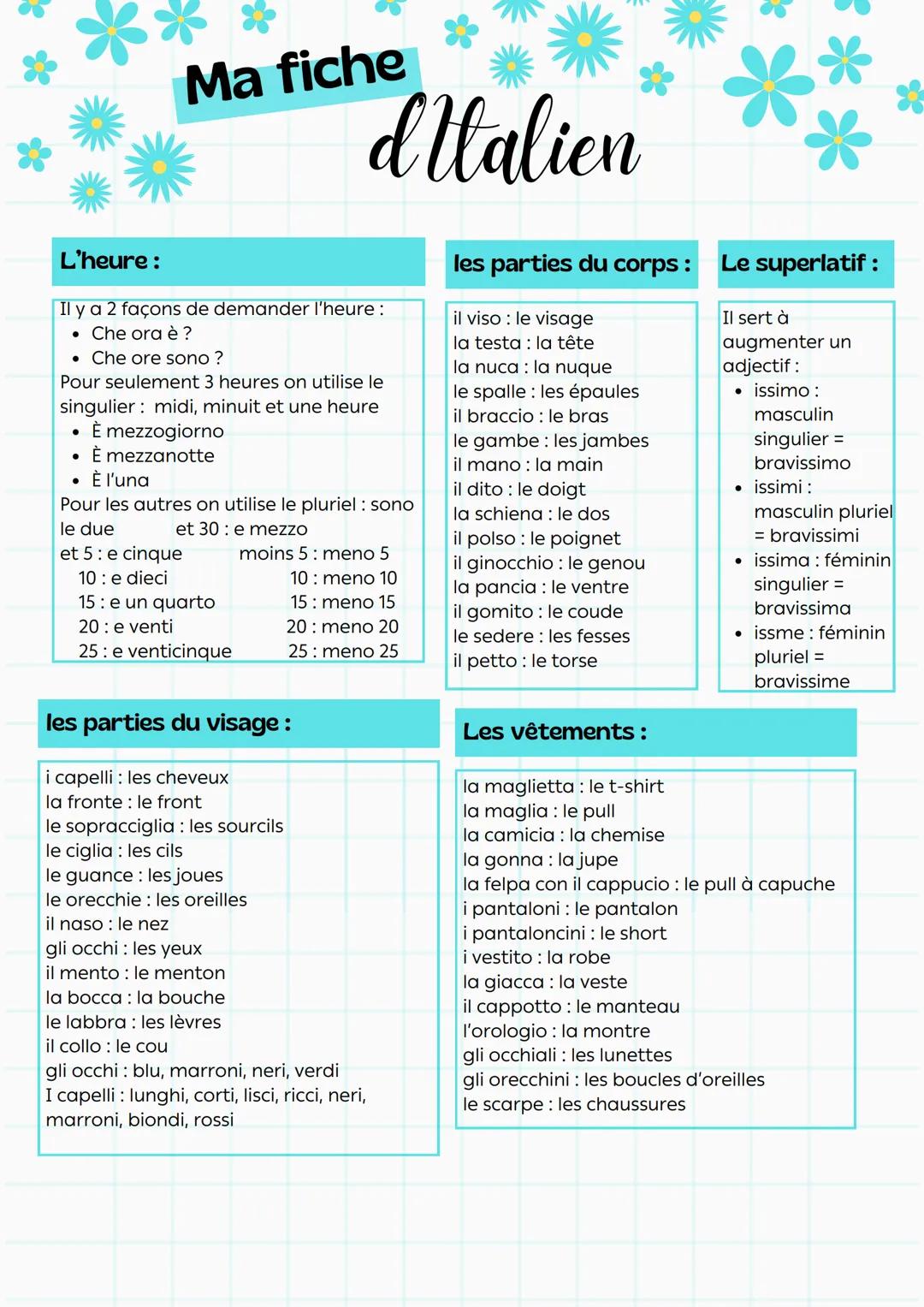 Ma fiche
dItalien
*Verbes:
Pronoms:
Couleurs:
scegliere: choisir lavarsi: se laver
Io
uscire: sortir
chiamiarsi: s'appeller
Tu
= nero
sentir