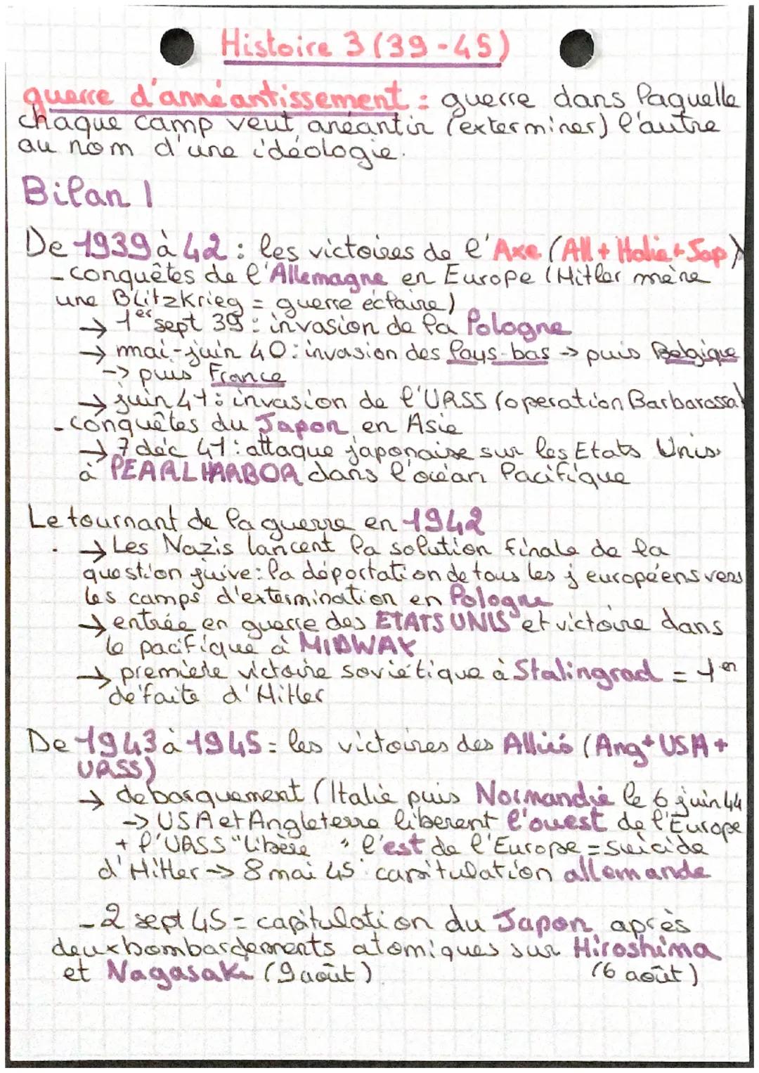 # Histoire 3 (39-45)
querre d'anné antissement: guerre dans Paquelle
chaque camp camp veut, anéantir (exterminer) l'autre
au nom d'une idéol