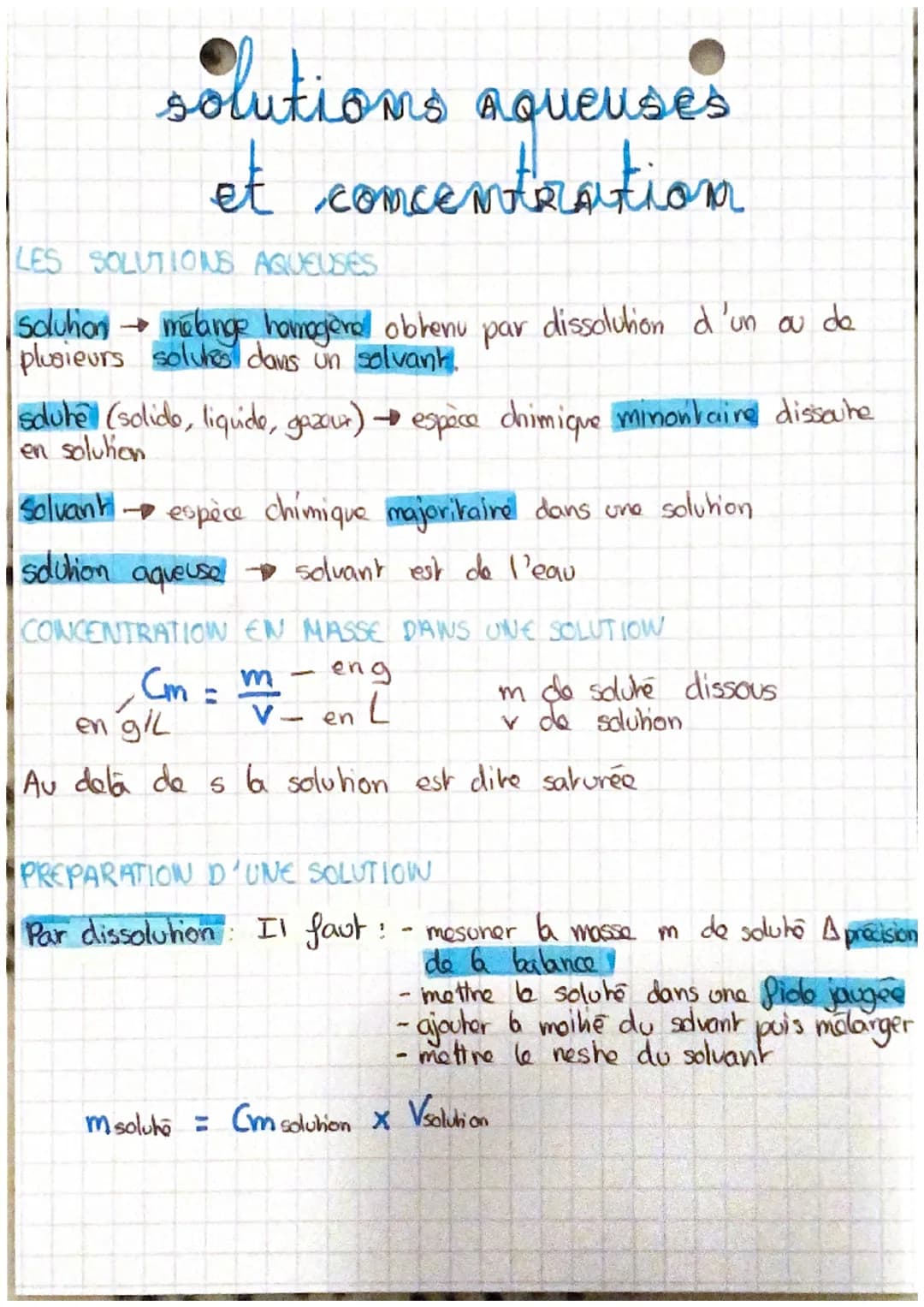 solutions aqueuses
et concentration
LES SOLUTIONS AQUEUSES
solution → mélange homogèra obtenu par dissolution d'un ou de
plusieurs solus dan