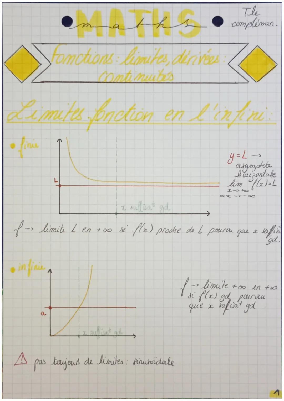 maths
fonctions limites, dérivées
continuites
Limites fonction en l'infini
• finie
2 sullisa, gd
of -> limite [ en +∞0 si f(x) proche de L
f