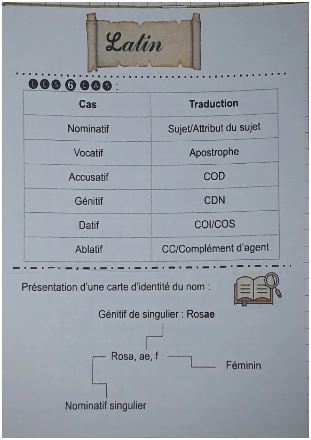 LES 6 CAS:
Cas
Nominatif
Vocatif
Latin
Accusatif
Génitif
Datif
Ablatif
Traduction
Rosa, ae, f
Sujet/Attribut du sujet
Nominatif singulier
Ap
