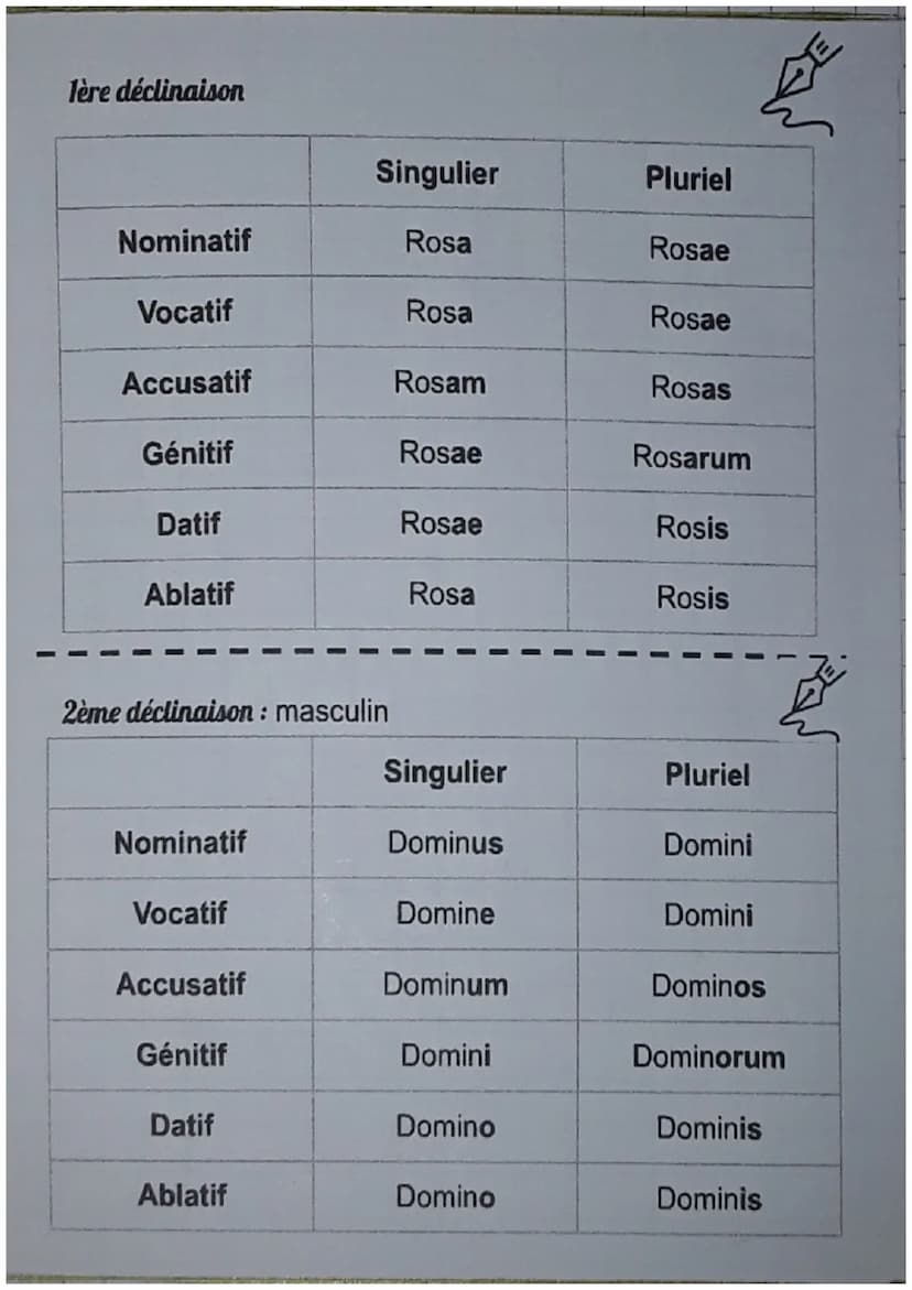 LES 6 CAS:
Cas
Nominatif
Vocatif
Latin
Accusatif
Génitif
Datif
Ablatif
Traduction
Rosa, ae, f
Sujet/Attribut du sujet
Nominatif singulier
Ap