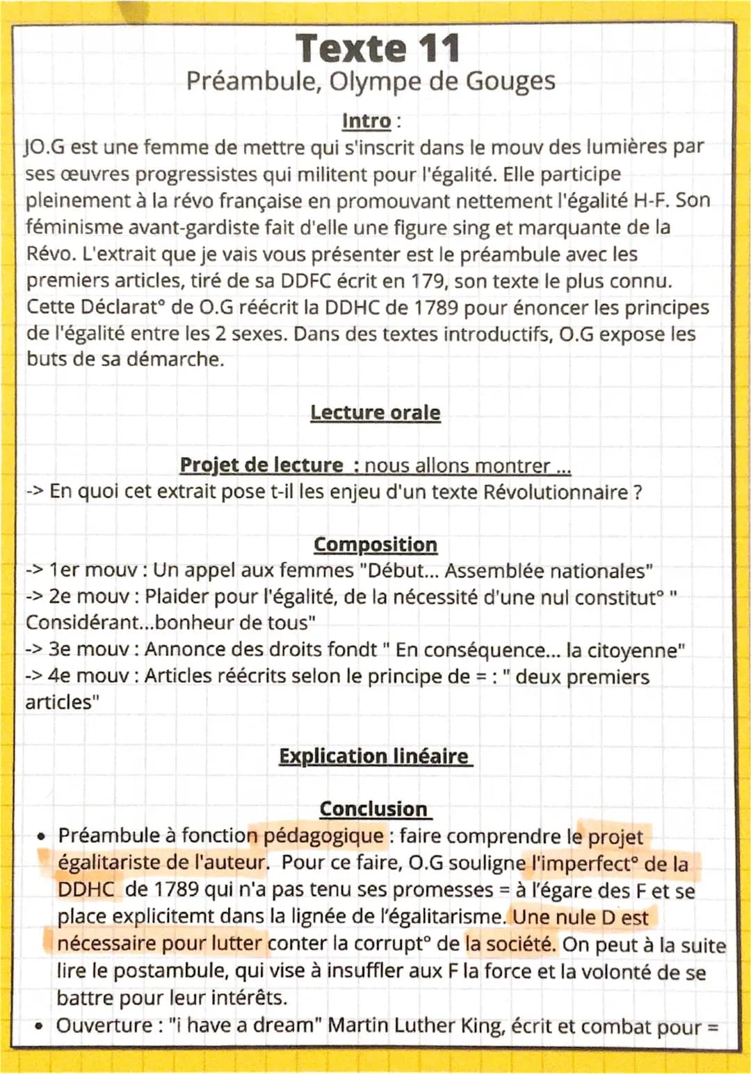 Préambule et Postambule Olympe de Gouges Analyse linéaire PDF