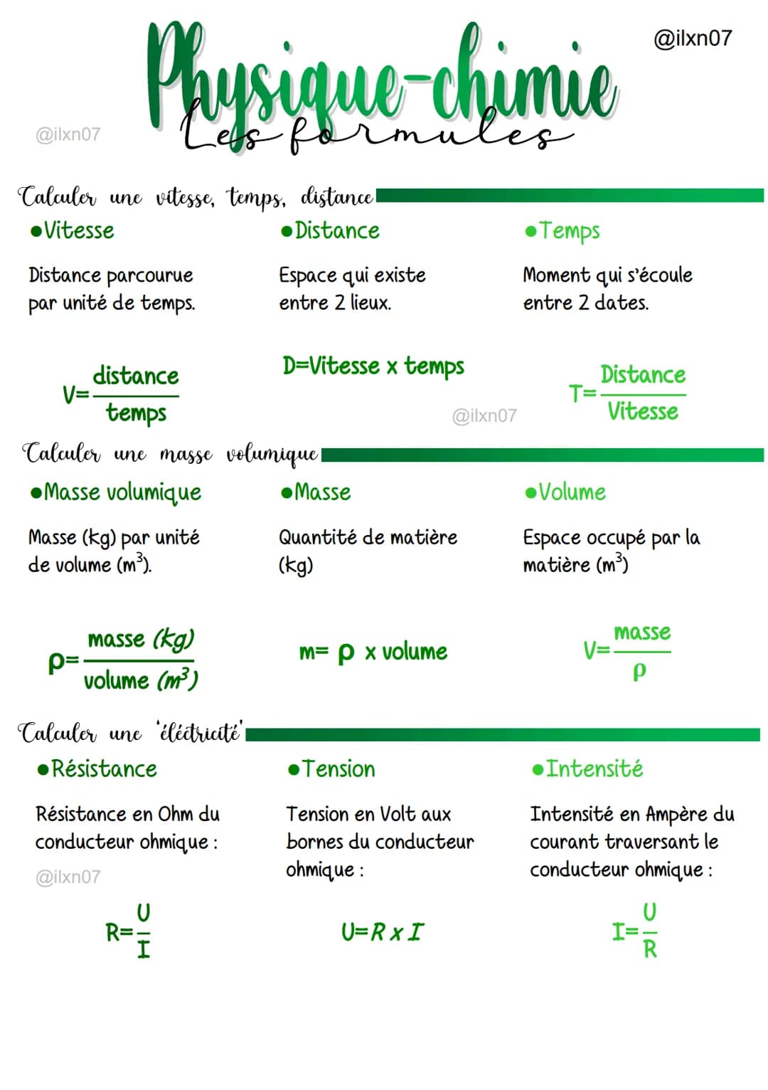 @ilxn07
&
Calculer une vitesse, temps, distance!
●Vitesse
●Distance
Distance parcourue
par unité de temps.
Physique-chimie
formules
mules
V=