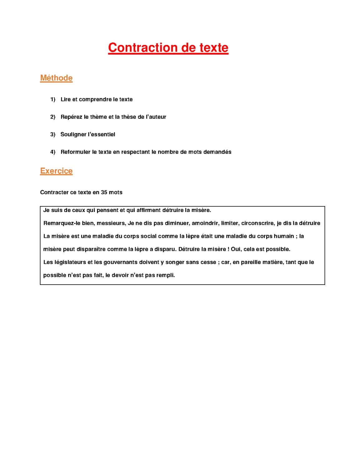 Exemple de Contraction de Texte Corrigé et PDF Seconde