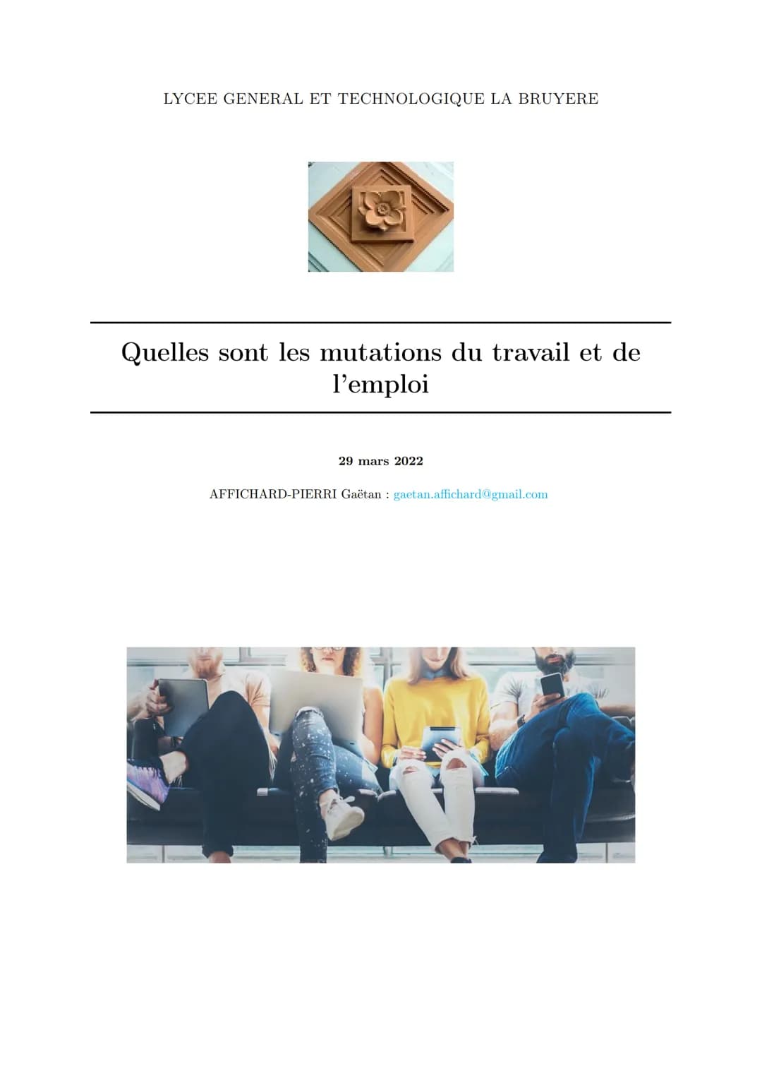 LYCEE GENERAL ET TECHNOLOGIQUE LA BRUYERE
Quelles sont les mutations du travail et de
l'emploi
29 mars 2022
AFFICHARD-PIERRI Gaëtan: gaetan.