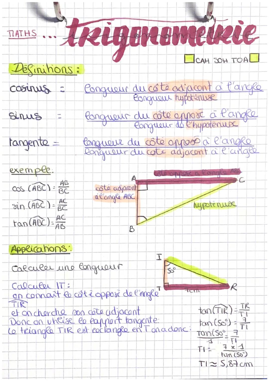 MATHS ... trigonomelkie

Définihons :

cosinus:

CAH SOH TOA

Congueur du côté adjacent à l'angle
Conquer hypotenuse

Sinus:
longueur du côt