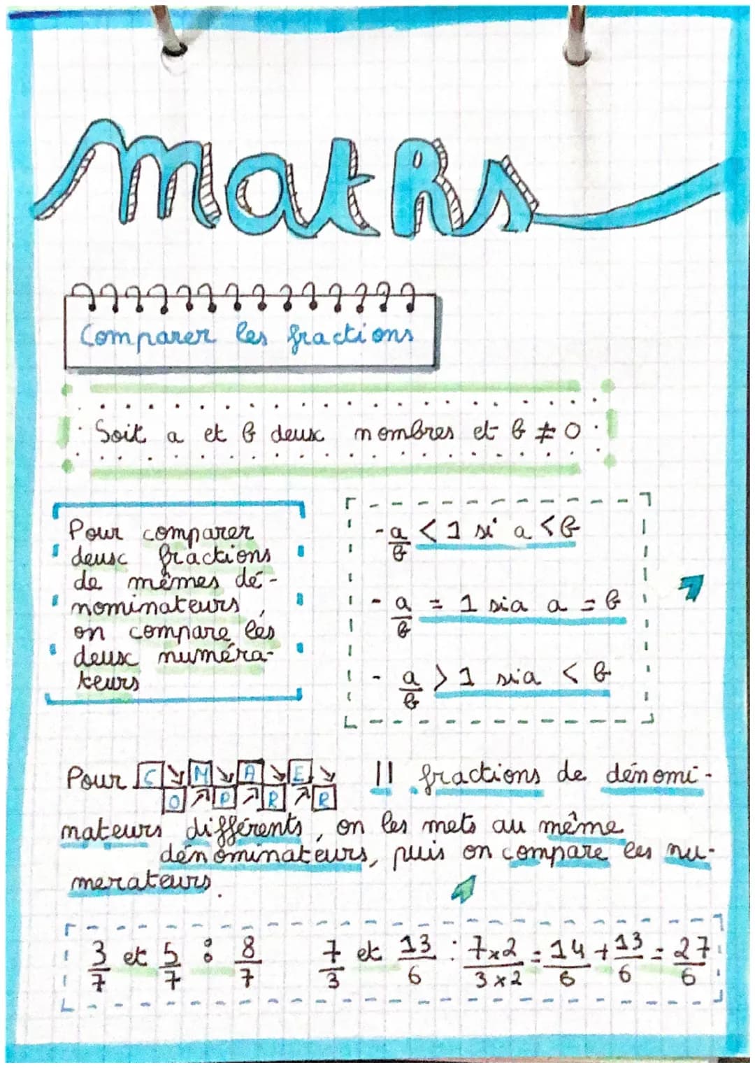 Maths
477
7777
Comparer les fractions.
4
Soit a et b deux
Pour comparer
• deusc fractions •
de mêmes dé-
nominateurs
on compare les
deux num