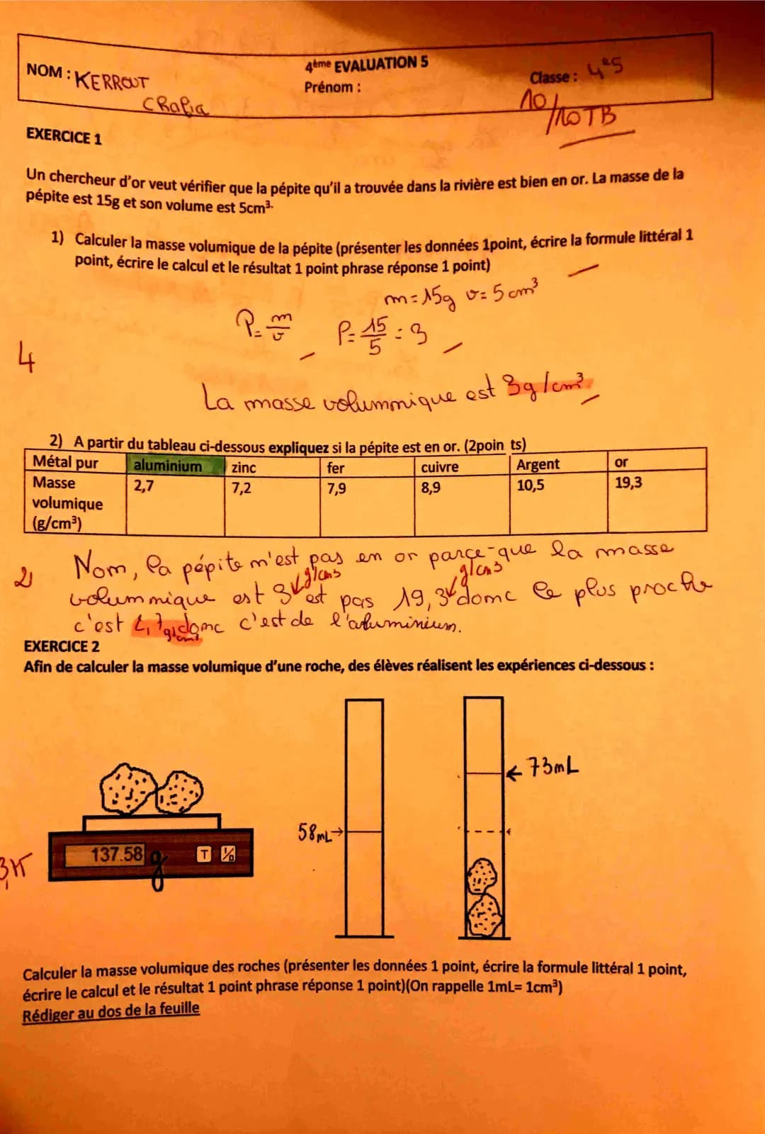Comment calculer la masse volumique de l'or et exercices corrigés en PDF