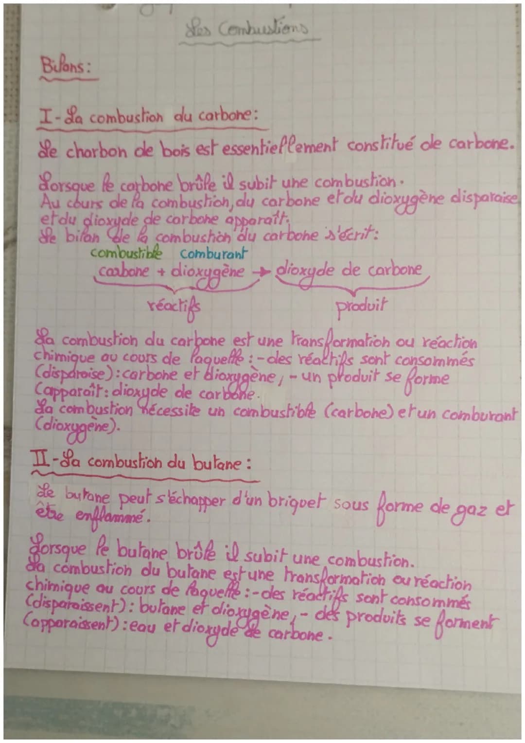 Les Combustions
Bilans:
I-La combustion du carbone:
de charbon de bois est essentiellement constitué de carbone.
Lorsque le carbone brûle il