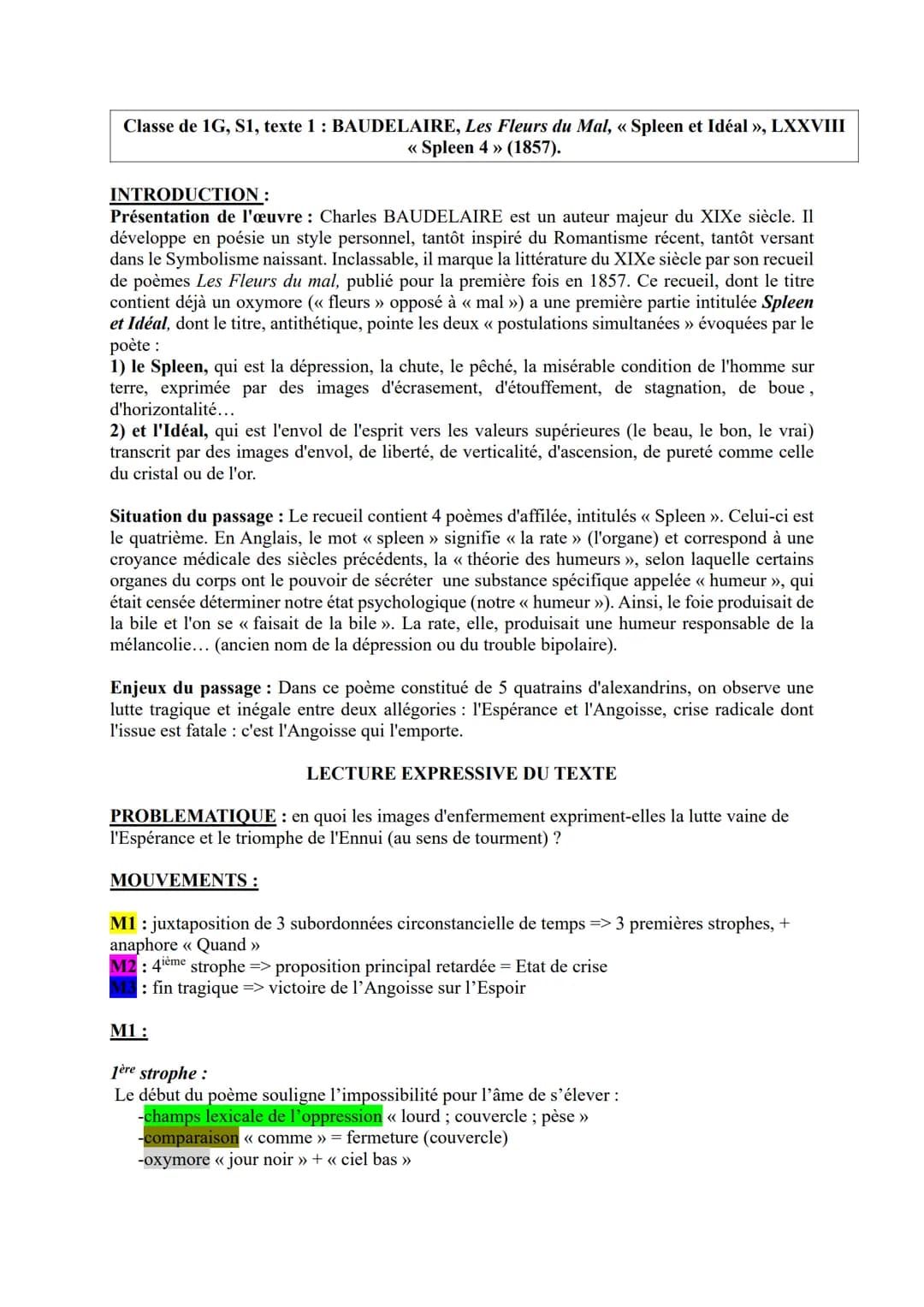 Classe de 1G, S1, texte 1 : BAUDELAIRE, Les Fleurs du Mal, « Spleen et Idéal », LXXVIII
<< Spleen 4 » (1857).
INTRODUCTION :
Présentation de