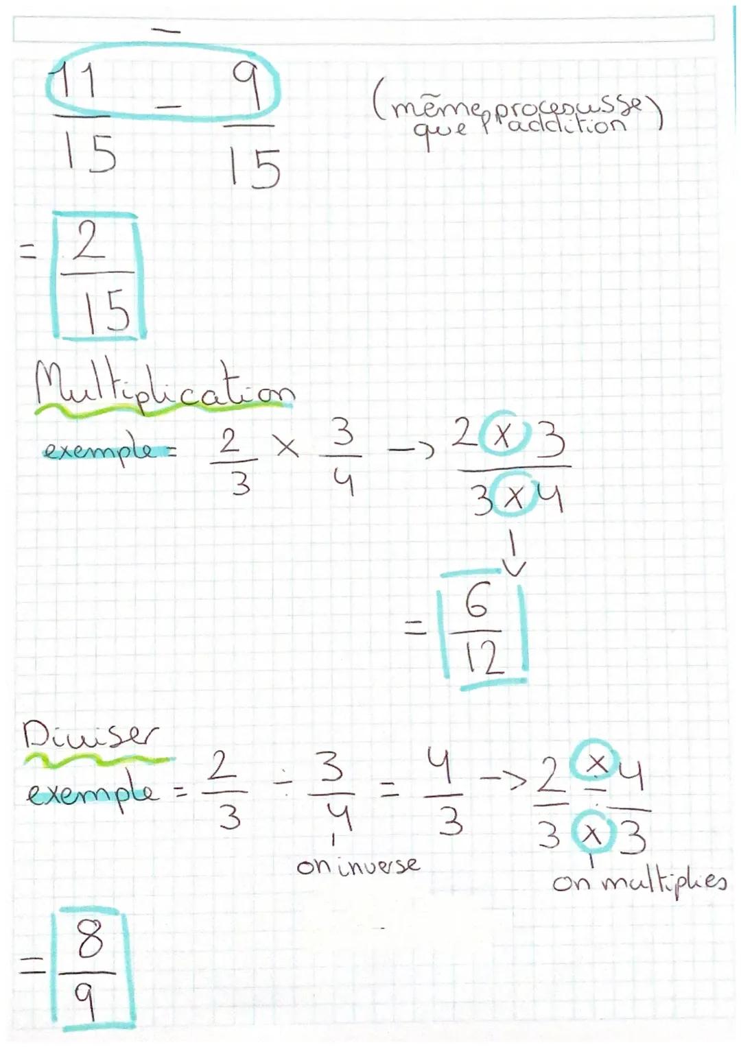 fraatian

Vocabulaire
a- numérateur.
b- dénominateur

L'addition
exemple =
$\frac{2}{3} + \frac{5}{6} \rightarrow \frac{2x2}{3x2} \rightarro