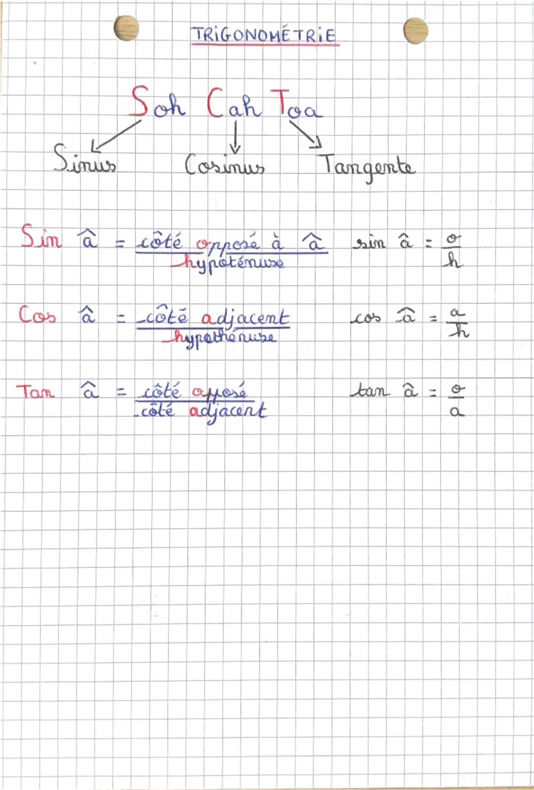 TRIGONOMETRIE

Soh Cah Toa

Sinus Cosinus Tangente igente

Sin â = $\frac{côté\ opposé\ à\ â}{hypoténuse}$ sin a = $\frac{o}{h}$

Cos â = $\