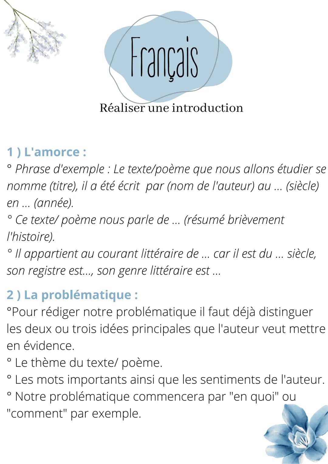 Français
O
Réaliser une introduction
1) L'amorce :
Phrase d'exemple : Le texte/poème que nous allons étudier se
nomme (titre), il a été écri