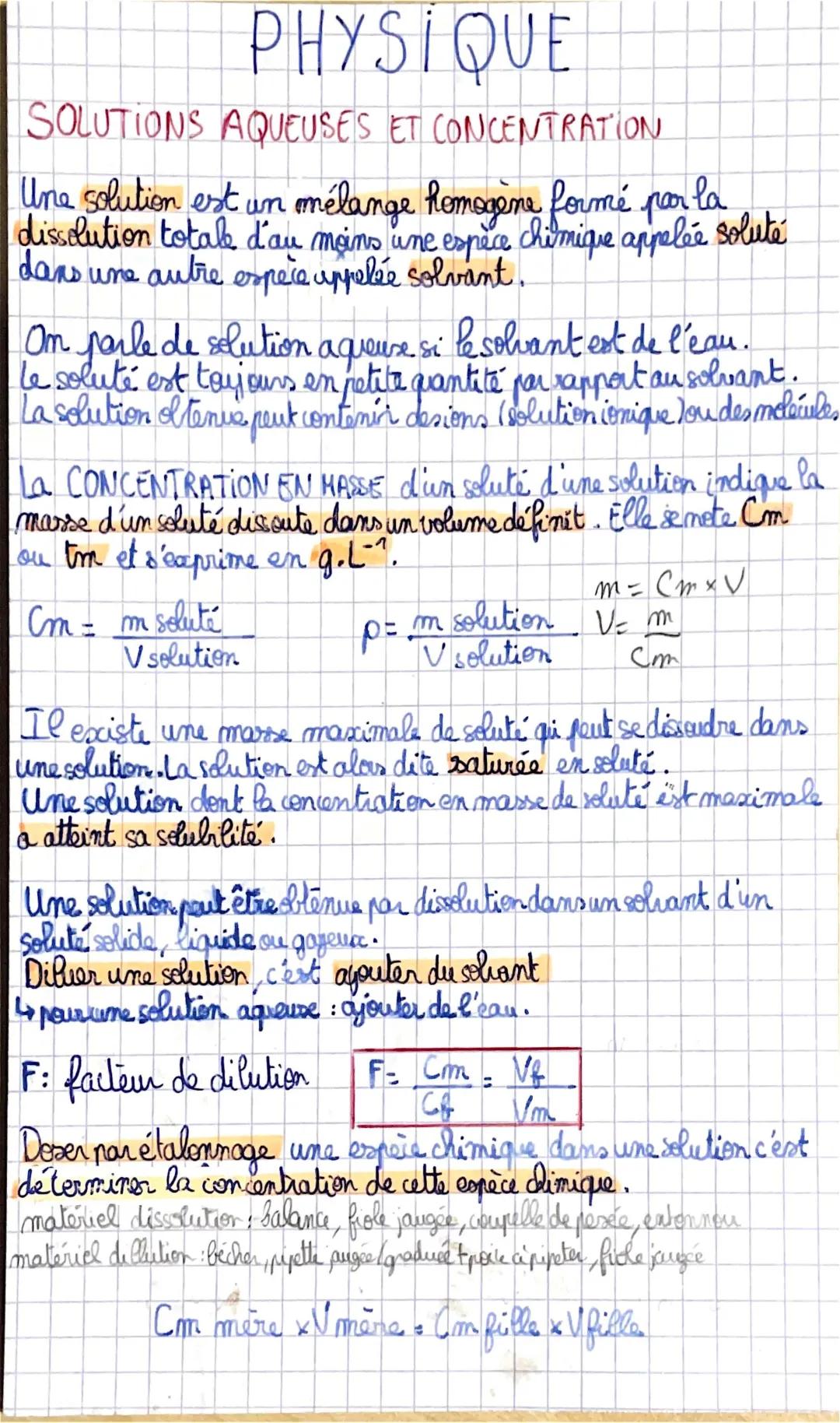 Guide de révision: Solutions aqueuses et concentration en physique-chimie