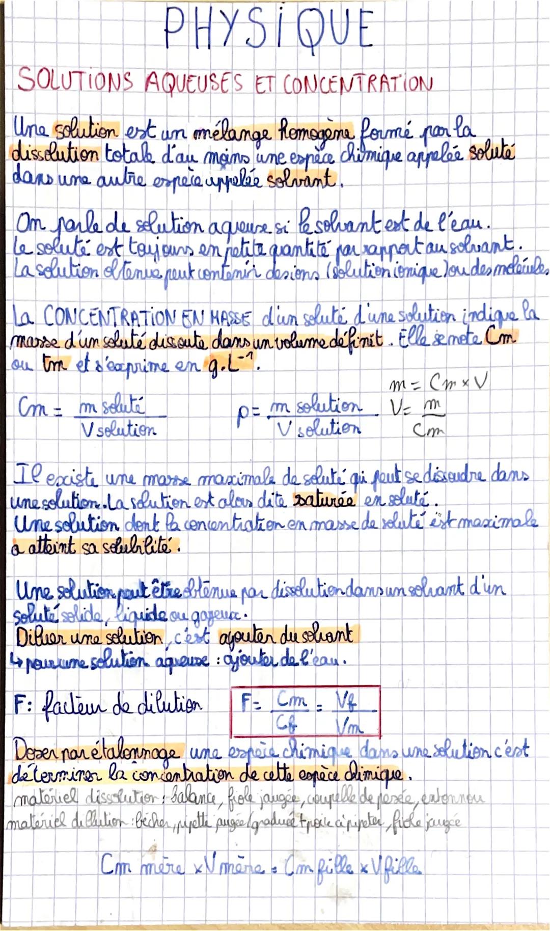 PHYSIQUE
SOLUTIONS AQUEUSES ET CONCENTRATION
Une solution est un mélange homogène formé par la
dissolution total d'au moins une espèce chimi