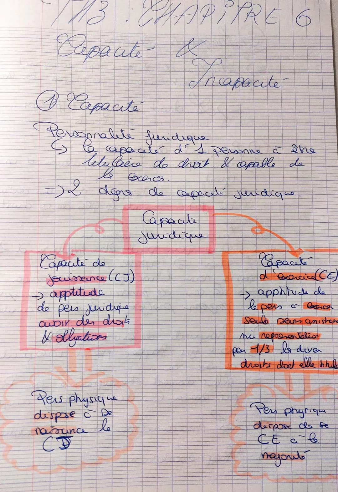 11/13 CHAPITRE 6
X73
Departe
Capacité de
Jouissance (CJ)
→ applitude
de pers juridique
avoir des droit
& oblations
Pers physique
dispose & D