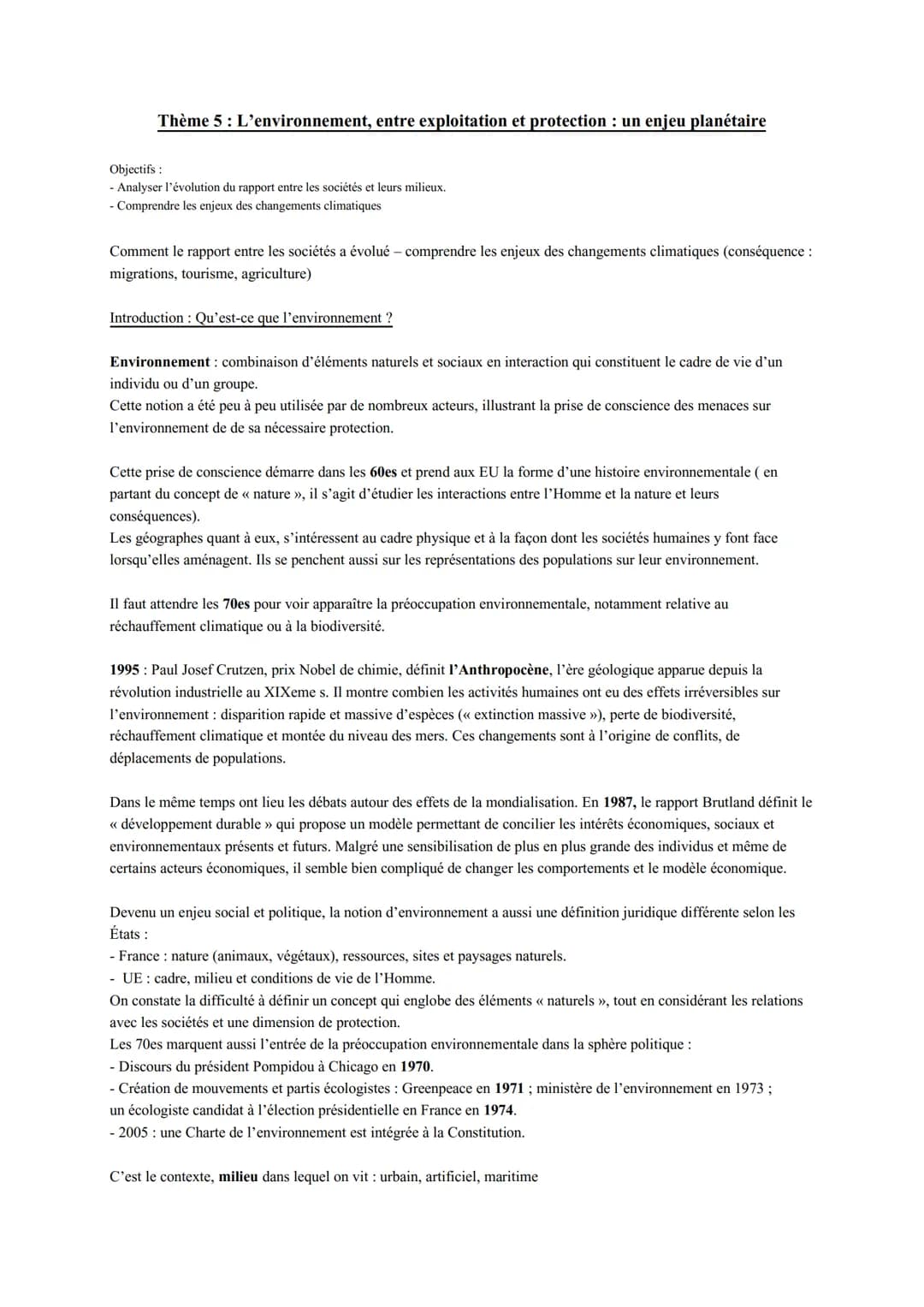 Thème 5 : L'environnement, entre exploitation et protection : un enjeu planétaire
Objectifs :
- Analyser l'évolution du rapport entre les so