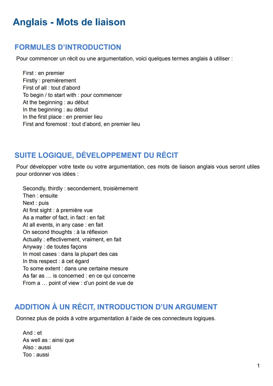 Anglais - Mots de liaison
FORMULES D'INTRODUCTION
Pour commencer un récit ou une argumentation, voici quelques termes anglais à utiliser :
F