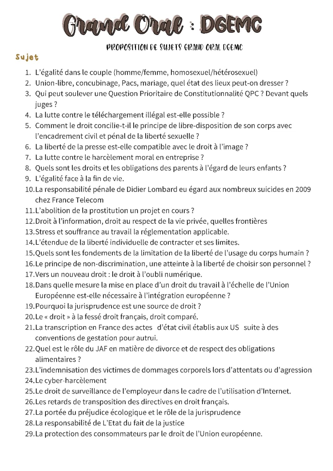 Sujets Grand Oral SES et DGEMC : Sociologie, Droit, Inégalités, Féminisme