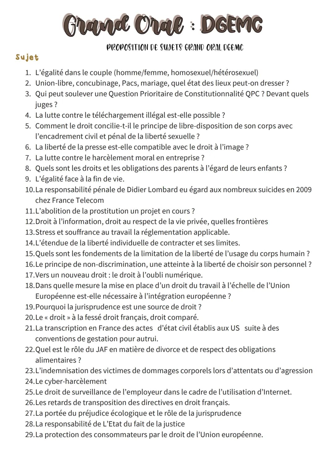 Grand Orge DGEMC
Oral :
PROPOSITION DE SUJETS GRAND ORAL DGEMC
Sujet
1. L'égalité dans le couple (homme/femme, homosexuel/hétérosexuel)
2. U