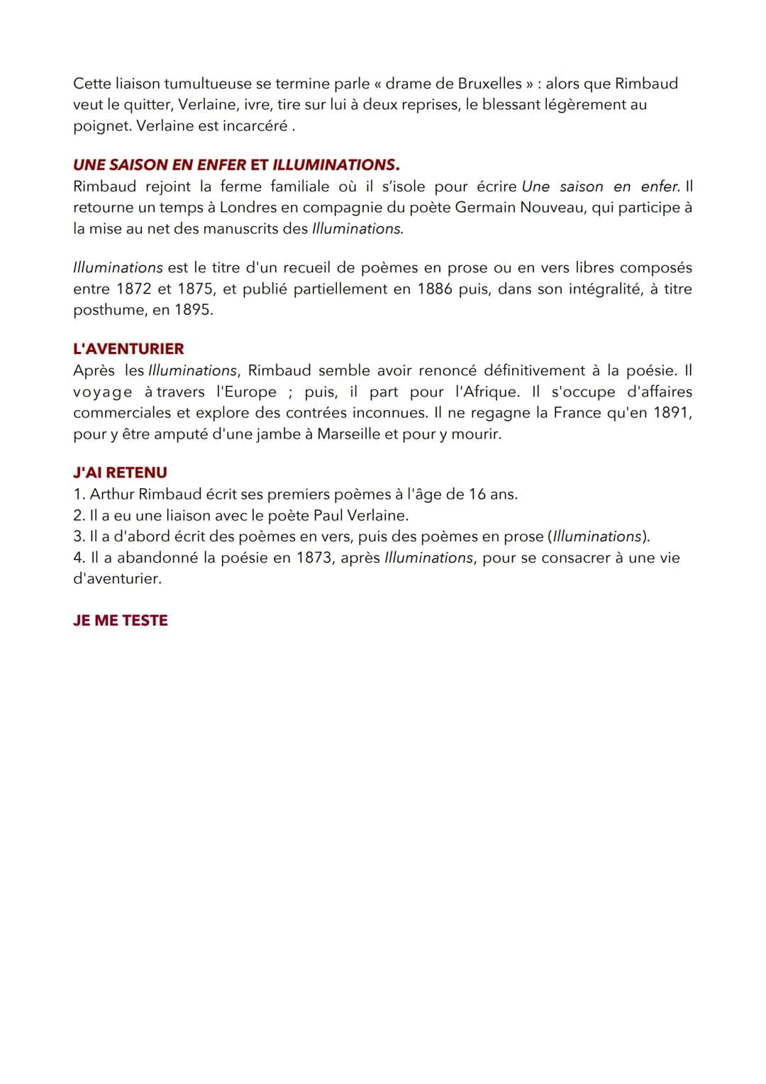 Arthur Rimbaud (1864-1891):
biographie et bibliographie
QUESTIONS DE L'EXAMINATEUR
► Qui est Arthur Rimbaud ?
► Quelles sont ses principales