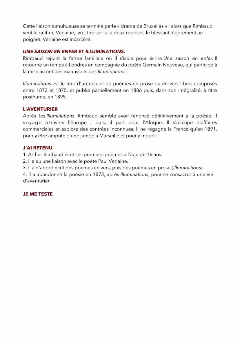 Arthur Rimbaud (1864-1891):
biographie et bibliographie
QUESTIONS DE L'EXAMINATEUR
► Qui est Arthur Rimbaud ?
► Quelles sont ses principales