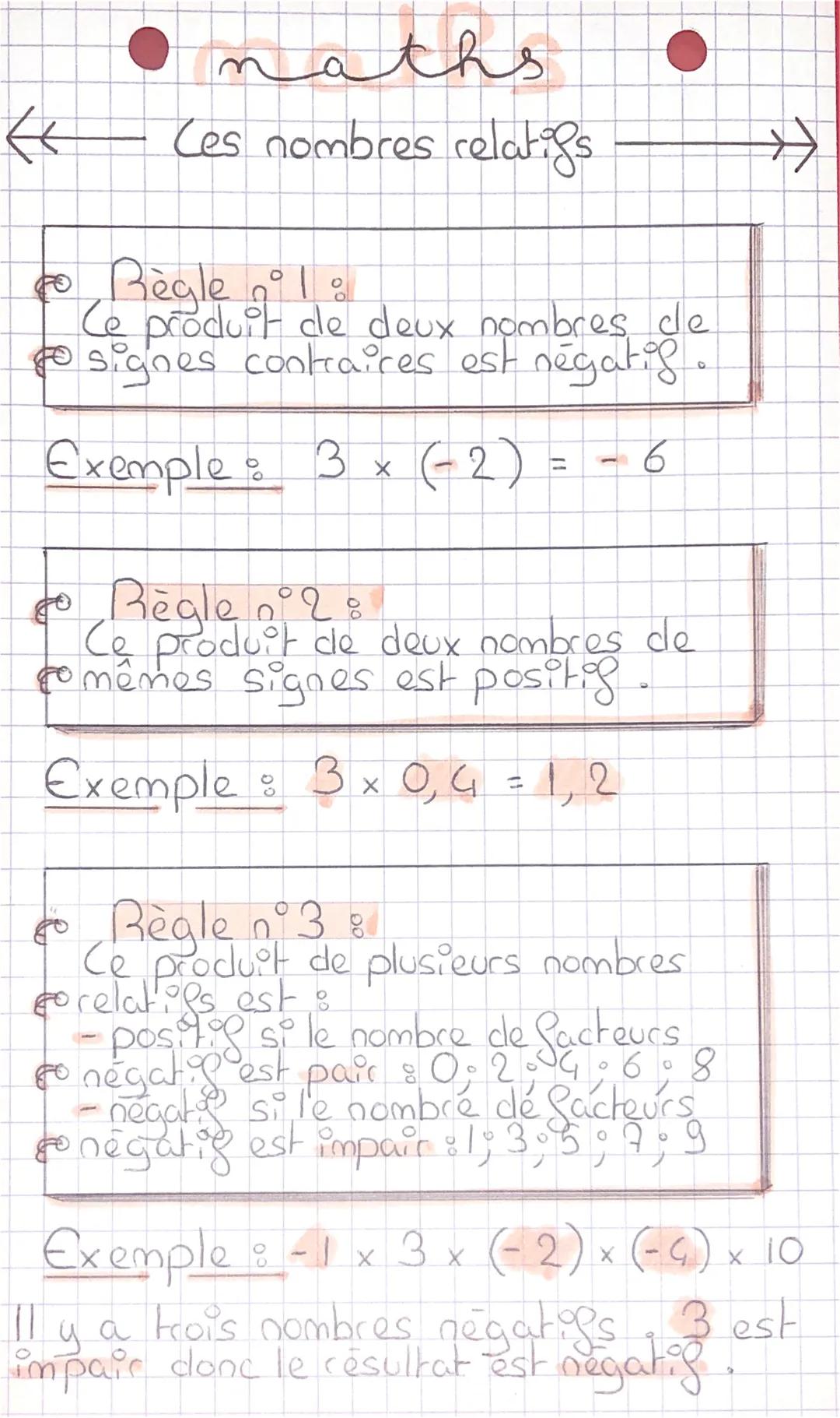 ←
maths
Les nombres relatifs
Règle ⁰1:
Ce produit de deux nombres de
to signes contraires est négatif.
Exemple : 3 x (-2) -6
to
Règle n°28
C