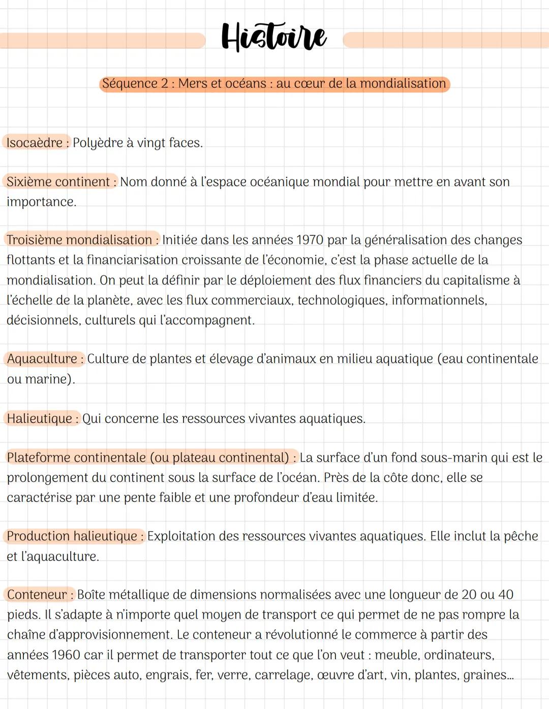 Histoire
Séquence 2 Mers et océans : au cœur de la mondialisation
Isocaèdre: Polyèdre à vingt faces.
Sixième continent : Nom donné à l'espac