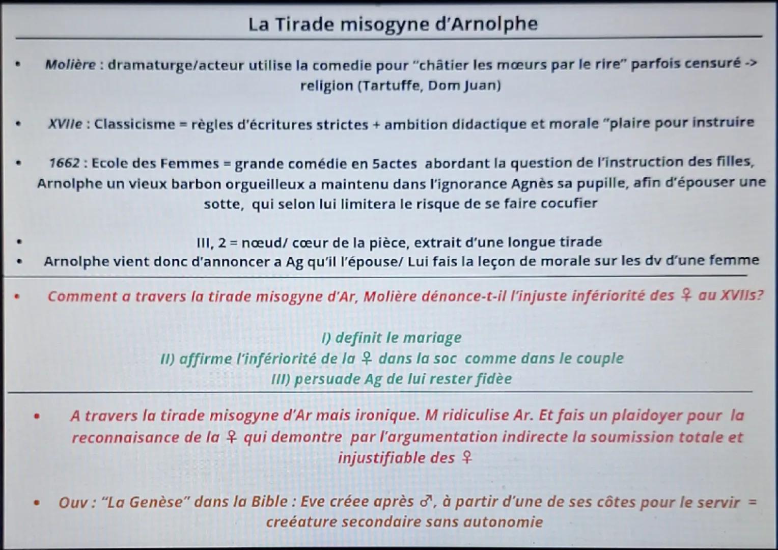 --- OCR Start ---
. 
: 
La Tirade misogyne d'Arnolphe
Molière: dramaturge/acteur utilise la comedie pour "châtier les mœurs par le rire" par