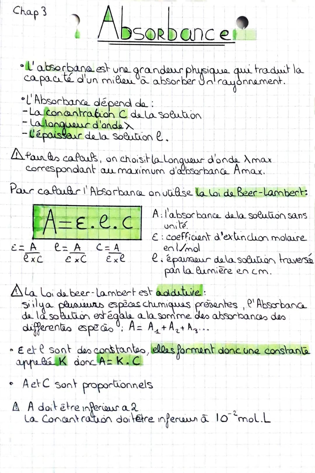 Chap 3
•Il' absorbana est une grandeur physique qui traduit la
capacité d'un milieu à absorber In rayonnement
? Absorbancer
•L'Absorbance dé