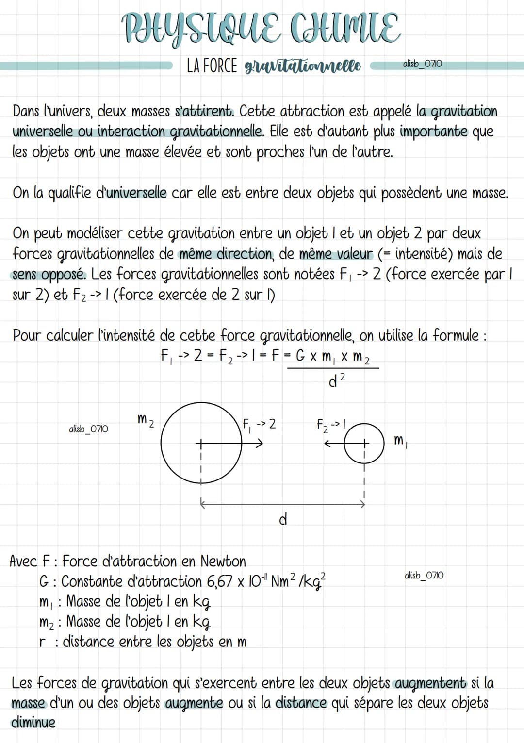 PHYSIQUE CHIMIE
LA FORCE gravitationnelle
Dans l'univers, deux masses s'attirent. Cette attraction est appelé la gravitation
universelle ou 